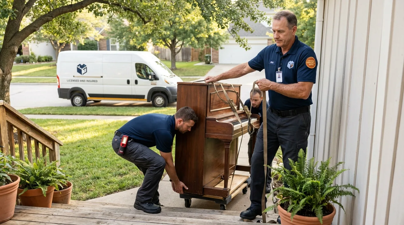 Licensed piano movers securing grand piano in Bridgehampton, NY