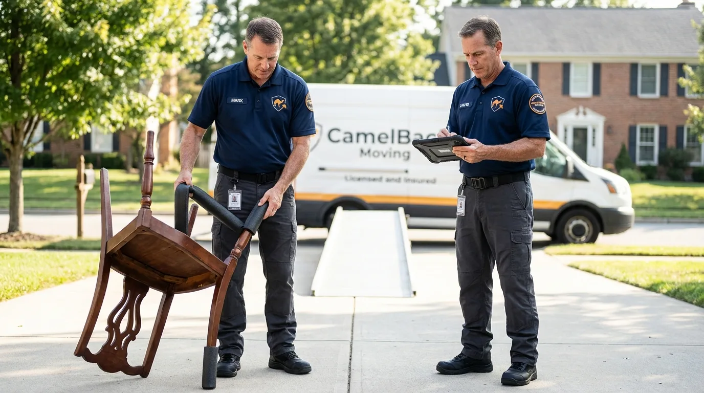 Movers inspecting furniture for damage prevention before loading in Bridgehampton, NY