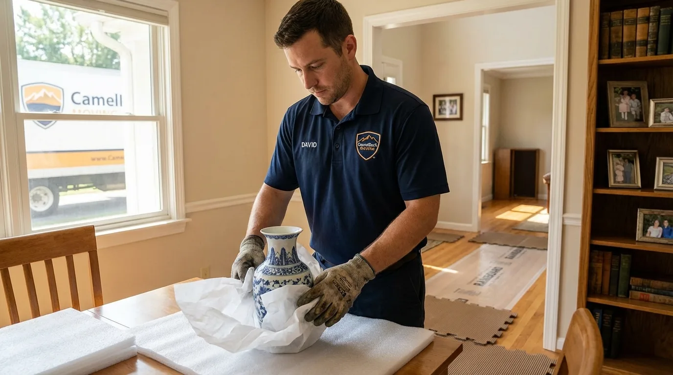 Professional crew carefully wrapping antique vase for senior downsizing move in Bridgehampton, NY