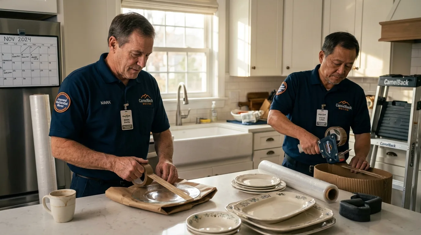 Professional crew packing kitchen dishware in Bridgehampton, NY